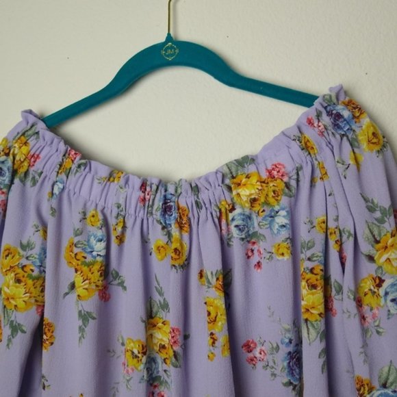 MARCI Purple Floral Print Off Shoulder Notch V Neck Slit sleeves Medium Blouse - Picture 6 of 9